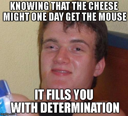 stoned guy | KNOWING THAT THE CHEESE MIGHT ONE DAY GET THE MOUSE; IT FILLS YOU WITH DETERMINATION | image tagged in stoned guy | made w/ Imgflip meme maker