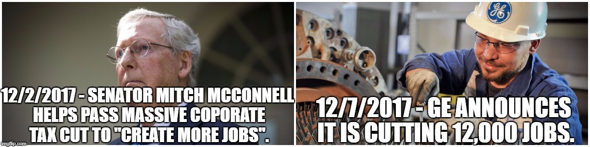Still think tax cuts  for the rich create jobs? I gotta bridge in brooklyn for sale. | 12/2/2017 - SENATOR MITCH MCCONNELL HELPS PASS MASSIVE COPORATE TAX CUT TO "CREATE MORE JOBS". 12/7/2017 - GE ANNOUNCES IT IS CUTTING 12,000 JOBS. | image tagged in maga,tax cuts,jobs,wealth,congress,sheeple | made w/ Imgflip meme maker