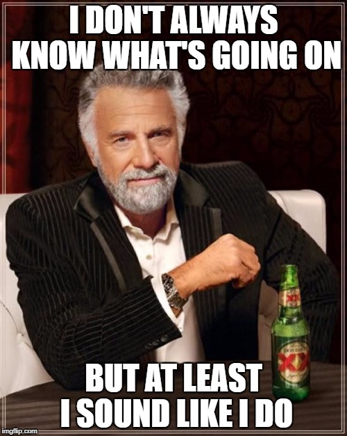 The Most Interesting Man In The World Meme | I DON'T ALWAYS KNOW WHAT'S GOING ON; BUT AT LEAST I SOUND LIKE I DO | image tagged in memes,the most interesting man in the world | made w/ Imgflip meme maker