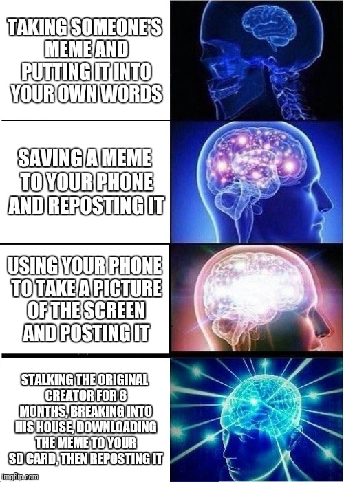Expanding Brain Meme | TAKING SOMEONE'S MEME AND PUTTING IT INTO YOUR OWN WORDS; SAVING A MEME TO YOUR PHONE AND REPOSTING IT; USING YOUR PHONE TO TAKE A PICTURE OF THE SCREEN AND POSTING IT; STALKING THE ORIGINAL CREATOR FOR 8 MONTHS, BREAKING INTO HIS HOUSE, DOWNLOADING THE MEME TO YOUR SD CARD, THEN REPOSTING IT | image tagged in memes,expanding brain | made w/ Imgflip meme maker