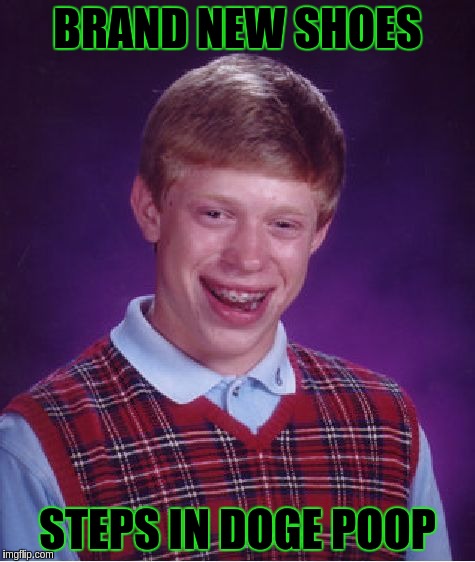 Bad Luck Brian Meme | BRAND NEW SHOES; STEPS IN DOGE POOP | image tagged in memes,bad luck brian | made w/ Imgflip meme maker