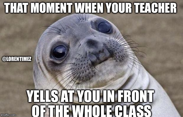 Awkward Moment Sealion | THAT MOMENT WHEN YOUR TEACHER; @LORENTIMEZ; YELLS AT YOU IN FRONT OF THE WHOLE CLASS | image tagged in memes,awkward moment sealion | made w/ Imgflip meme maker