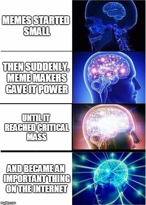 Expanding Brain Meme | MEMES STARTED SMALL; THEN SUDDENLY, MEME MAKERS GAVE IT POWER; UNTIL IT REACHED CRITICAL MASS; AND BECAME AN IMPORTANT THING ON THE INTERNET | image tagged in memes,expanding brain | made w/ Imgflip meme maker