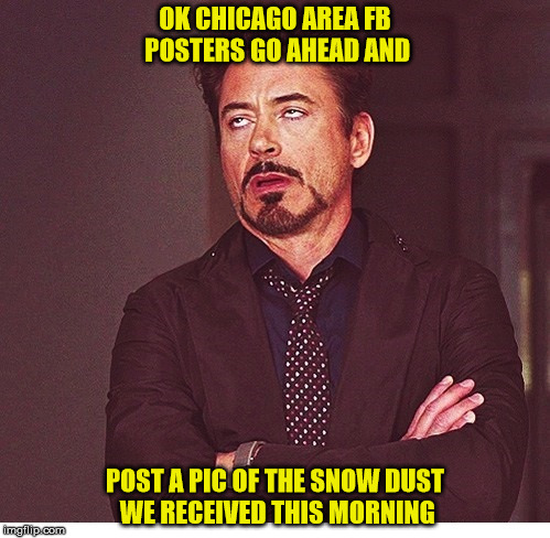 RDJ boring | OK CHICAGO AREA FB POSTERS GO AHEAD AND; POST A PIC OF THE SNOW DUST WE RECEIVED THIS MORNING | image tagged in rdj boring | made w/ Imgflip meme maker
