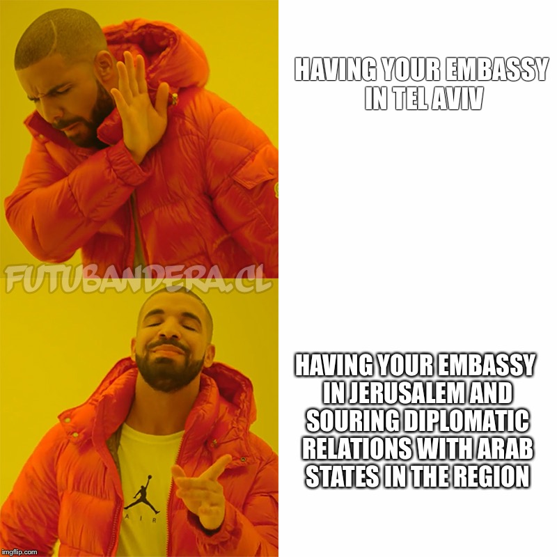 Drake Hotline Bling Meme | HAVING YOUR EMBASSY IN TEL AVIV; HAVING YOUR EMBASSY IN JERUSALEM AND SOURING DIPLOMATIC RELATIONS WITH ARAB STATES IN THE REGION | image tagged in drake | made w/ Imgflip meme maker