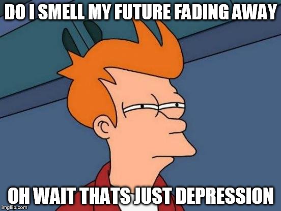 Futurama Fry Meme | DO I SMELL MY FUTURE FADING AWAY; OH WAIT THATS JUST DEPRESSION | image tagged in memes,futurama fry | made w/ Imgflip meme maker