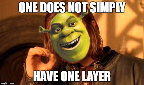 Layers | ONE DOES NOT SIMPLY; HAVE ONE LAYER | image tagged in memes,one does not simply,shrek | made w/ Imgflip meme maker