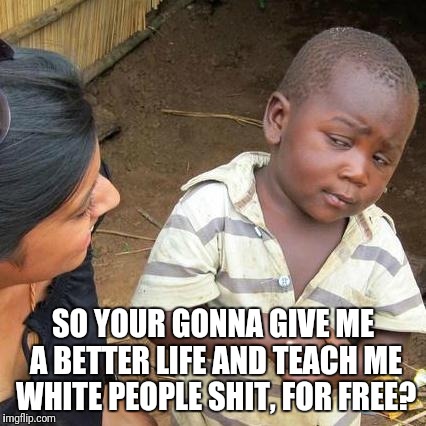 Third World Skeptical Kid |  SO YOUR GONNA GIVE ME A BETTER LIFE AND TEACH ME WHITE PEOPLE SHIT, FOR FREE? | image tagged in memes,third world skeptical kid | made w/ Imgflip meme maker