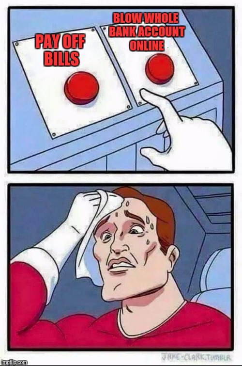 Two Buttons Meme | BLOW WHOLE BANK ACCOUNT ONLINE; PAY OFF BILLS | image tagged in hard choice to make | made w/ Imgflip meme maker