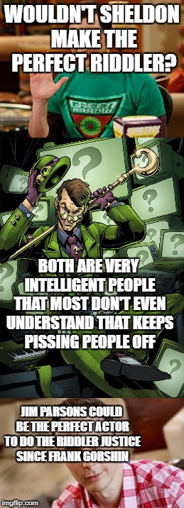 WOULDN'T SHELDON MAKE THE PERFECT RIDDLER? BOTH ARE VERY INTELLIGENT PEOPLE THAT MOST DON'T EVEN UNDERSTAND THAT KEEPS PISSING PEOPLE OFF; JIM PARSONS COULD BE THE PERFECT ACTOR TO DO THE RIDDLER JUSTICE SINCE FRANK GORSHIN | image tagged in dc comics,riddles and brainteasers,big bang theory | made w/ Imgflip meme maker