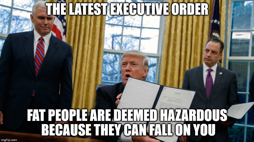 trump executive orders | THE LATEST EXECUTIVE ORDER; FAT PEOPLE ARE DEEMED HAZARDOUS BECAUSE THEY CAN FALL ON YOU | image tagged in trump executive orders | made w/ Imgflip meme maker