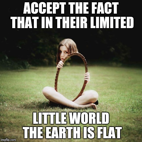 ACCEPT THE FACT THAT IN THEIR LIMITED LITTLE WORLD THE EARTH IS FLAT | image tagged in mirror girl | made w/ Imgflip meme maker