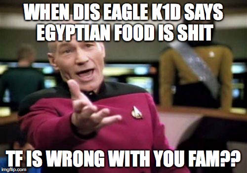 Picard Wtf Meme | WHEN DIS EAGLE K1D SAYS EGYPTIAN FOOD IS SHIT; TF IS WRONG WITH YOU FAM?? | image tagged in memes,picard wtf | made w/ Imgflip meme maker