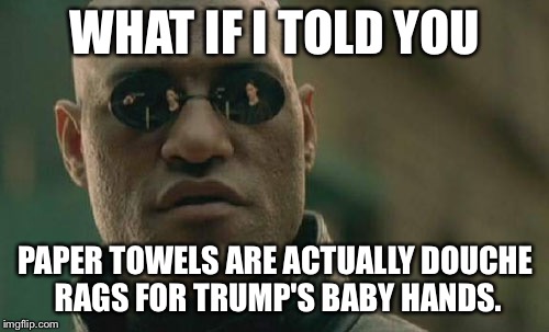 Trump terrible towels | WHAT IF I TOLD YOU PAPER TOWELS ARE ACTUALLY DOUCHE RAGS FOR TRUMP'S BABY HANDS. | image tagged in memes,matrix morpheus,paper towels,trump baby,small hands,sex jokes | made w/ Imgflip meme maker
