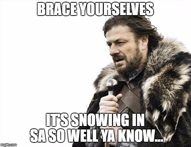Brace Yourselves X is Coming Meme | BRACE YOURSELVES; IT'S SNOWING IN SA SO WELL YA KNOW... | image tagged in memes,brace yourselves x is coming | made w/ Imgflip meme maker
