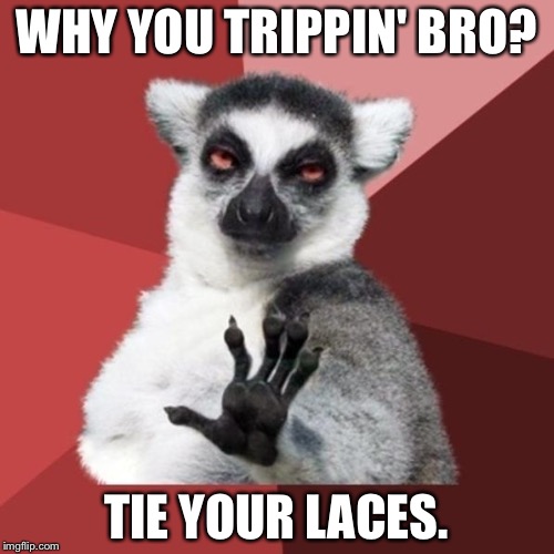 Lace up and move on | WHY YOU TRIPPIN' BRO? TIE YOUR LACES. | image tagged in memes,chill out lemur,laces,trippin',shoes,bro | made w/ Imgflip meme maker