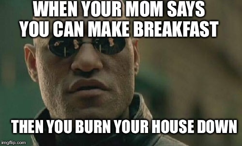 Matrix Morpheus Meme | WHEN YOUR MOM SAYS YOU CAN MAKE BREAKFAST; THEN YOU BURN YOUR HOUSE DOWN | image tagged in memes,matrix morpheus | made w/ Imgflip meme maker