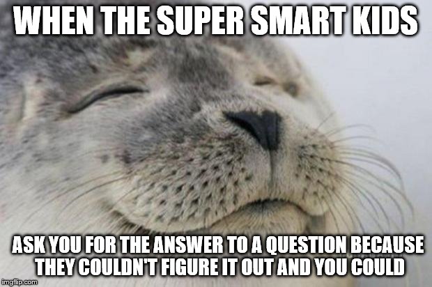 Happy Seal | WHEN THE SUPER SMART KIDS; ASK YOU FOR THE ANSWER TO A QUESTION BECAUSE THEY COULDN'T FIGURE IT OUT AND YOU COULD | image tagged in happy seal | made w/ Imgflip meme maker