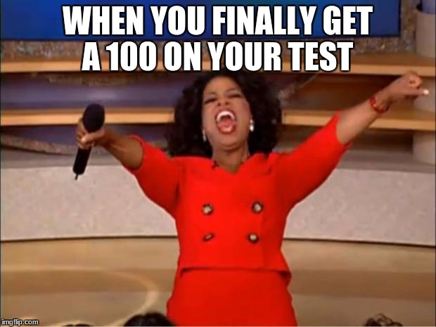 Oprah You Get A Meme | WHEN YOU FINALLY GET A 100 ON YOUR TEST | image tagged in memes,oprah you get a | made w/ Imgflip meme maker