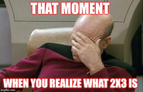Captain Picard Facepalm | THAT MOMENT; WHEN YOU REALIZE WHAT 2X3 IS | image tagged in memes,captain picard facepalm | made w/ Imgflip meme maker