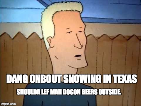 Boomhower  | DANG ONBOUT SNOWING
IN TEXAS; SHOULDA LEF MAH DOGON BEERS OUTSIDE. | image tagged in boomhower | made w/ Imgflip meme maker