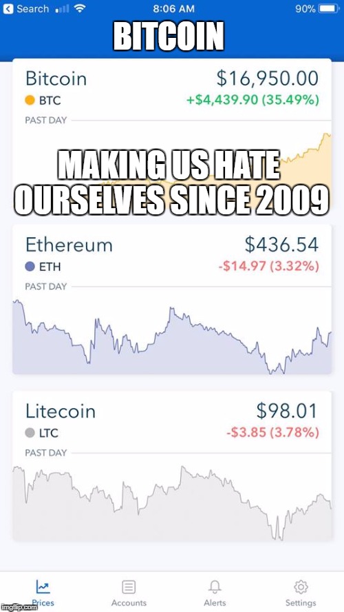 bitcoin | BITCOIN; MAKING US HATE OURSELVES SINCE 2009 | image tagged in bitcoin,hate | made w/ Imgflip meme maker