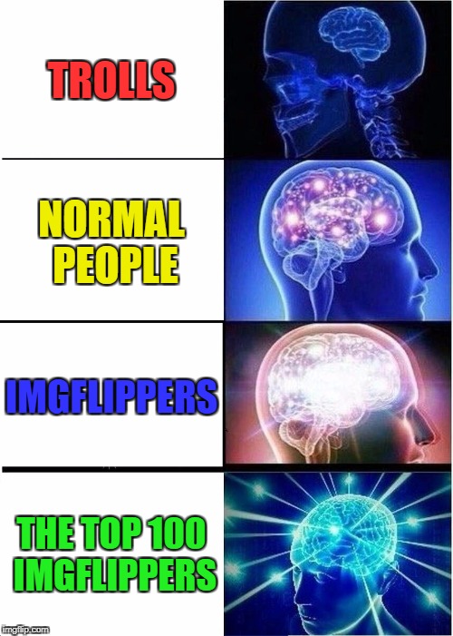 Expanding Brain Meme | TROLLS; NORMAL PEOPLE; IMGFLIPPERS; THE TOP 100 IMGFLIPPERS | image tagged in memes,expanding brain | made w/ Imgflip meme maker