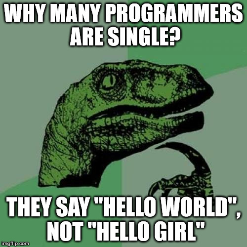 Philosoraptor Meme | WHY MANY PROGRAMMERS ARE SINGLE? THEY SAY "HELLO WORLD", NOT "HELLO GIRL" | image tagged in memes,philosoraptor | made w/ Imgflip meme maker