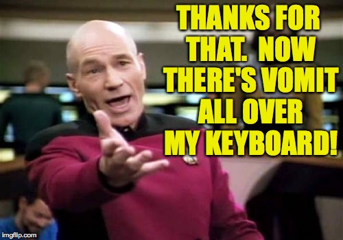 Picard Wtf Meme | THANKS FOR THAT.  NOW THERE'S VOMIT ALL OVER MY KEYBOARD! | image tagged in memes,picard wtf | made w/ Imgflip meme maker