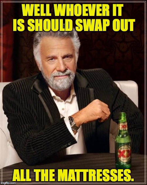 The Most Interesting Man In The World Meme | WELL WHOEVER IT IS SHOULD SWAP OUT ALL THE MATTRESSES. | image tagged in memes,the most interesting man in the world | made w/ Imgflip meme maker