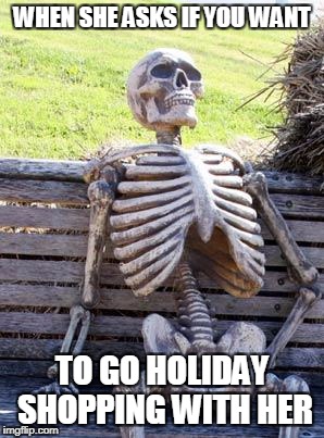 When she asks | WHEN SHE ASKS IF YOU WANT; TO GO HOLIDAY SHOPPING WITH HER | image tagged in memes,waiting skeleton | made w/ Imgflip meme maker