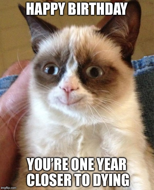 Grumpy Cat Happy Meme | HAPPY BIRTHDAY; YOU’RE ONE YEAR CLOSER TO DYING | image tagged in memes,grumpy cat happy,grumpy cat | made w/ Imgflip meme maker