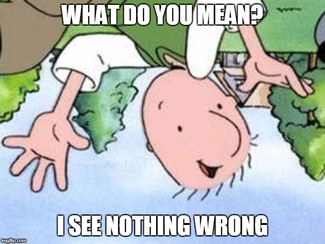 doug side down bl4h | WHAT DO YOU MEAN? I SEE NOTHING WRONG | image tagged in doug side down bl4h | made w/ Imgflip meme maker