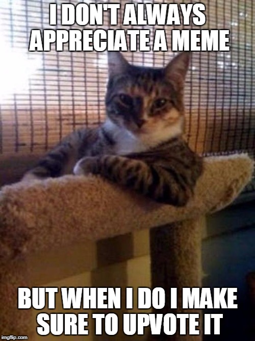 The Most Interesting Cat In The World | I DON'T ALWAYS APPRECIATE A MEME; BUT WHEN I DO I MAKE SURE TO UPVOTE IT | image tagged in memes,the most interesting cat in the world | made w/ Imgflip meme maker