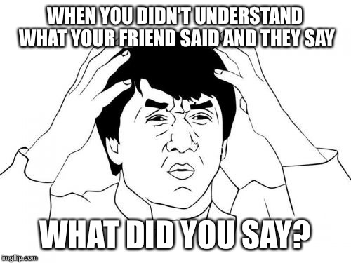 Jackie Chan WTF | WHEN YOU DIDN'T UNDERSTAND WHAT YOUR FRIEND SAID AND THEY SAY; WHAT DID YOU SAY? | image tagged in memes,jackie chan wtf | made w/ Imgflip meme maker