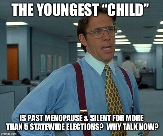 That Would Be Great Meme | THE YOUNGEST “CHILD” IS PAST MENOPAUSE & SILENT FOR MORE THAN 5 STATEWIDE ELECTIONS?  WHY TALK NOW? | image tagged in memes,that would be great | made w/ Imgflip meme maker