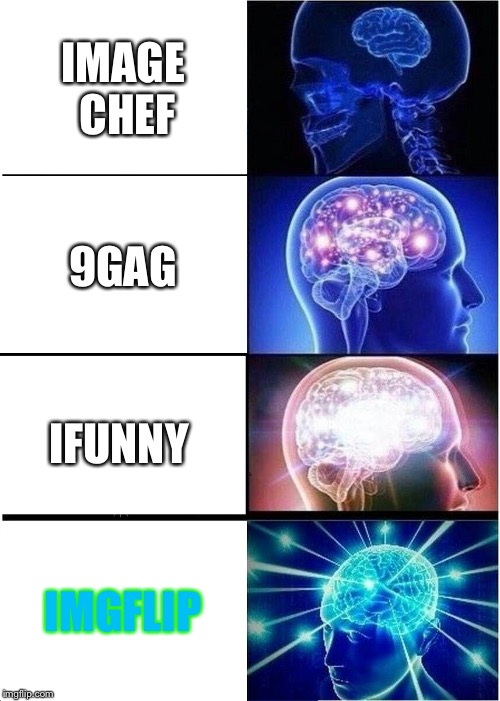 How the websites work | IMAGE CHEF; 9GAG; IFUNNY; IMGFLIP | image tagged in memes,expanding brain,imgflip is the best,imgflip,how it works | made w/ Imgflip meme maker