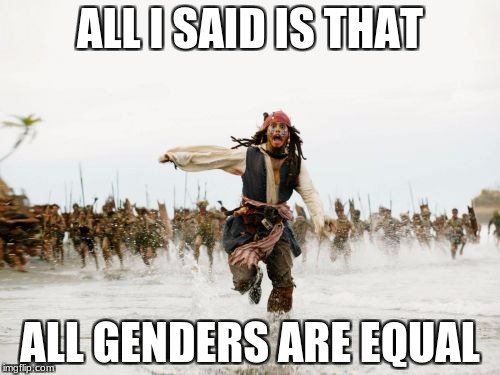 Jack Sparrow Being Chased | ALL I SAID IS THAT; ALL GENDERS ARE EQUAL | image tagged in memes,jack sparrow being chased | made w/ Imgflip meme maker