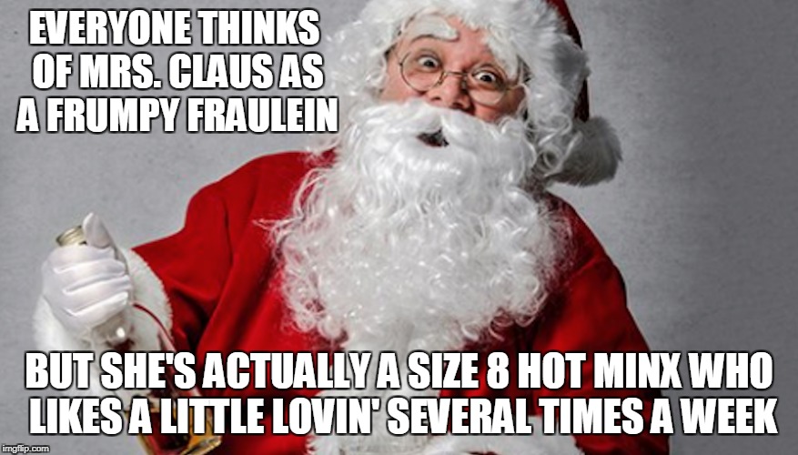 EVERYONE THINKS OF MRS. CLAUS AS A FRUMPY FRAULEIN BUT SHE'S ACTUALLY A SIZE 8 HOT MINX WHO LIKES A LITTLE LOVIN' SEVERAL TIMES A WEEK | made w/ Imgflip meme maker