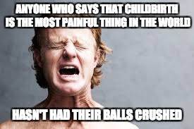 MAH BALLZ | ANYONE WHO SAYS THAT CHILDBIRTH IS THE MOST PAINFUL THING IN THE WORLD; HASN'T HAD THEIR BALLS CRUSHED | image tagged in pain,balls,why | made w/ Imgflip meme maker