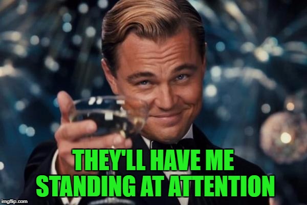 Leonardo Dicaprio Cheers Meme | THEY'LL HAVE ME STANDING AT ATTENTION | image tagged in memes,leonardo dicaprio cheers | made w/ Imgflip meme maker