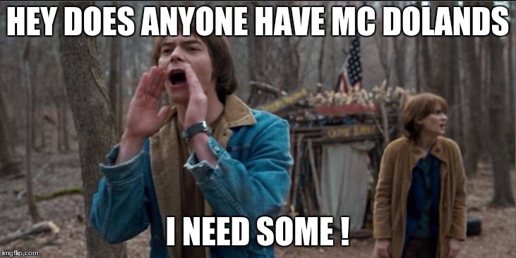 Will stranger things | HEY DOES ANYONE HAVE MC DOLANDS; I NEED SOME ! | image tagged in will stranger things | made w/ Imgflip meme maker