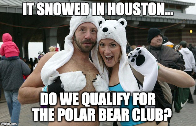 it snowed in houston | IT SNOWED IN HOUSTON... DO WE QUALIFY FOR 

THE POLAR BEAR CLUB? | image tagged in snow | made w/ Imgflip meme maker