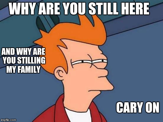 Futurama Fry Meme | WHY ARE YOU STILL HERE; AND WHY ARE YOU STILLING MY FAMILY; CARY ON | image tagged in memes,futurama fry | made w/ Imgflip meme maker