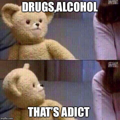 What? Teddy Bear | DRUGS,ALCOHOL; THAT’S ADICT | image tagged in what teddy bear | made w/ Imgflip meme maker