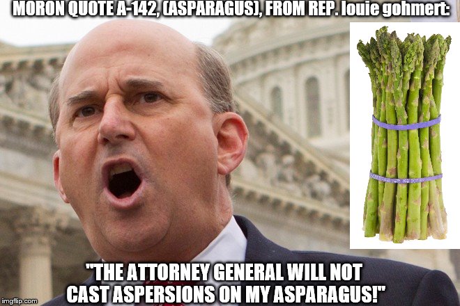 representative louie gohmert and his MORON QUOTE A-142 (ASPARAGUS) | MORON QUOTE A-142, (ASPARAGUS), FROM REP. louie gohmert:; "THE ATTORNEY GENERAL WILL NOT CAST ASPERSIONS ON MY ASPARAGUS!" | image tagged in louie gohmert,gohmert mccarthy bullshit,red scare mccarthy,1950's red manace scare,liars,senator joseph r mccarthy | made w/ Imgflip meme maker