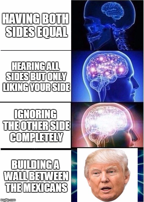 Expanding Brain | HAVING BOTH SIDES EQUAL; HEARING ALL SIDES BUT ONLY LIKING YOUR SIDE; IGNORING THE OTHER SIDE COMPLETELY; BUILDING A WALL BETWEEN THE MEXICANS | image tagged in memes,expanding brain | made w/ Imgflip meme maker