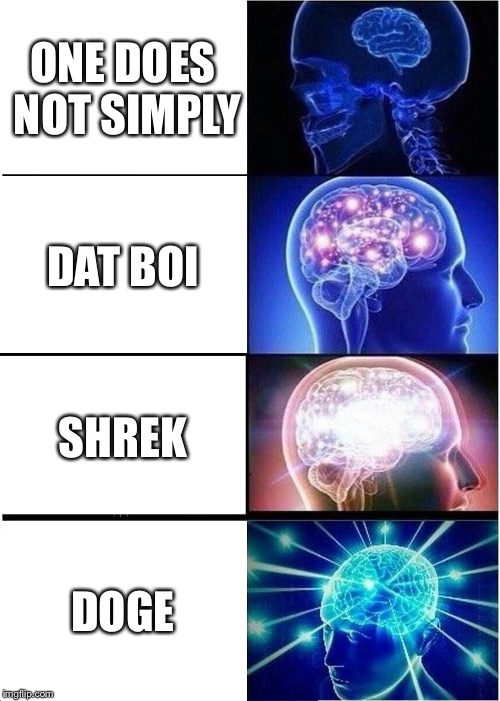 Expanding Brain | ONE DOES NOT SIMPLY; DAT BOI; SHREK; DOGE | image tagged in memes,expanding brain | made w/ Imgflip meme maker
