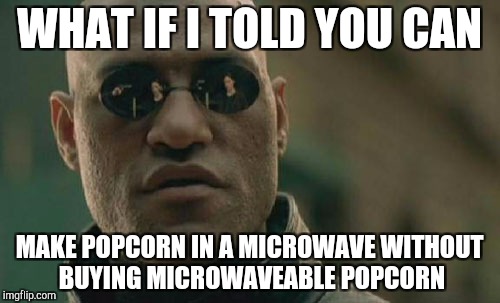 Matrix Morpheus Meme | WHAT IF I TOLD YOU CAN; MAKE POPCORN IN A MICROWAVE WITHOUT BUYING MICROWAVEABLE POPCORN | image tagged in memes,matrix morpheus | made w/ Imgflip meme maker