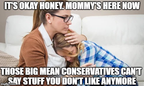 IT'S OKAY HONEY. MOMMY'S HERE NOW; THOSE BIG MEAN CONSERVATIVES CAN'T SAY STUFF YOU DON'T LIKE ANYMORE | image tagged in memes,snowflakes,college liberal,liberal college girl,liberal millenials,goofy stupid liberal college student | made w/ Imgflip meme maker
